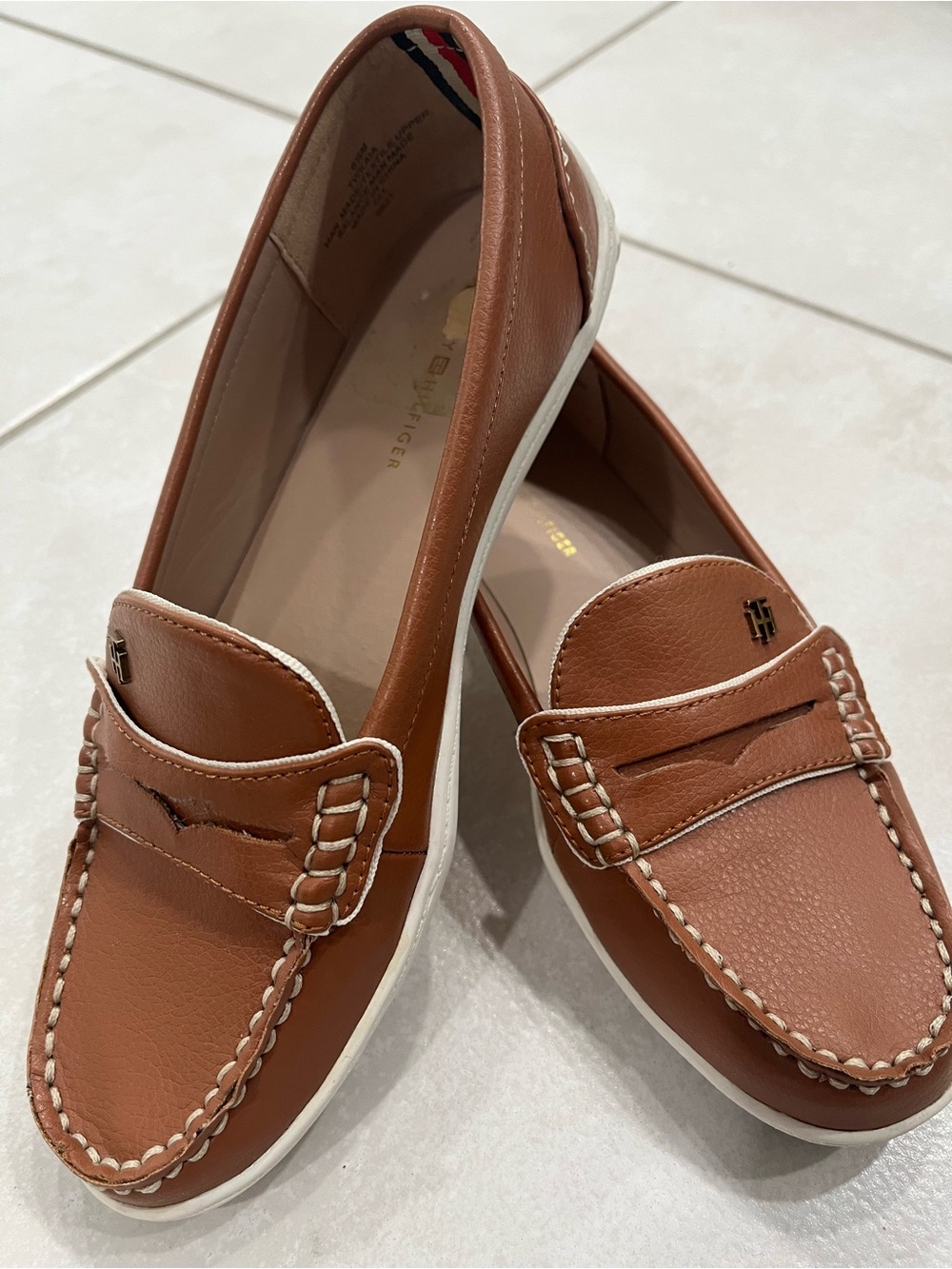 Tommy Hilfiger Tan Leather Penny Loafers with White Stitching